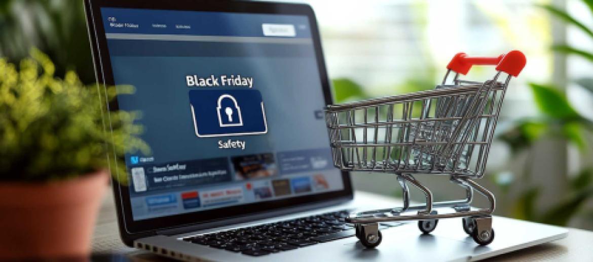 Shopping black friday on laptop with safety notification